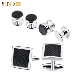 Classic Mens Cufflink and Stud Set Inlay Black Carbon Fiber Business Wedding Engagement Party Jewelry