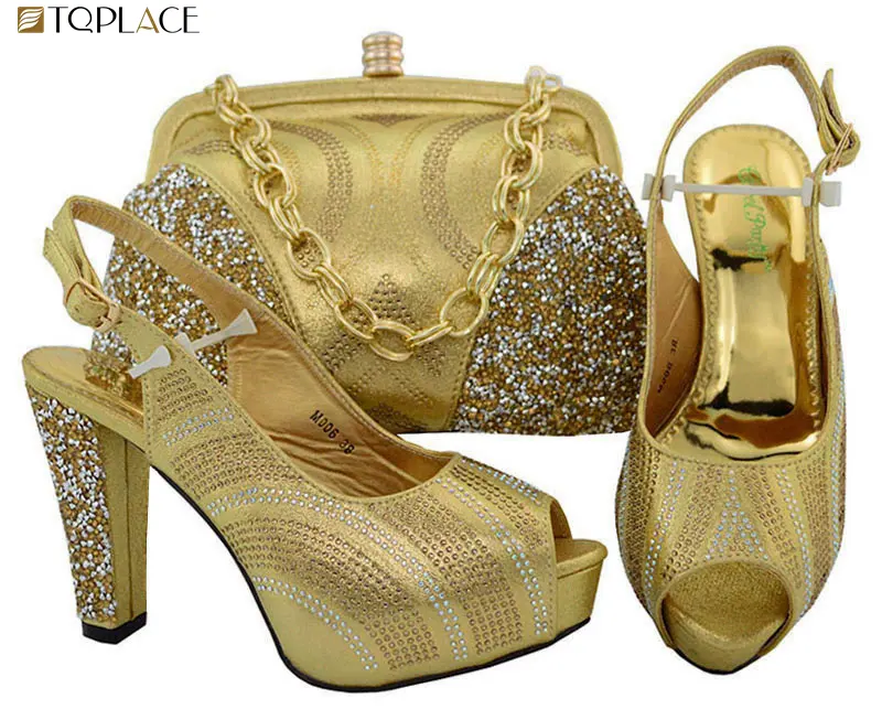 Hot sale 2018 gold color african woman high heels matching bag Italian matching shoes and bag