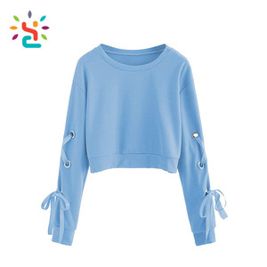 Sudadera Corta de Moda para Mujer, Color Sólido, Manga Larga, con Cordones y Ojales - Product Image 3