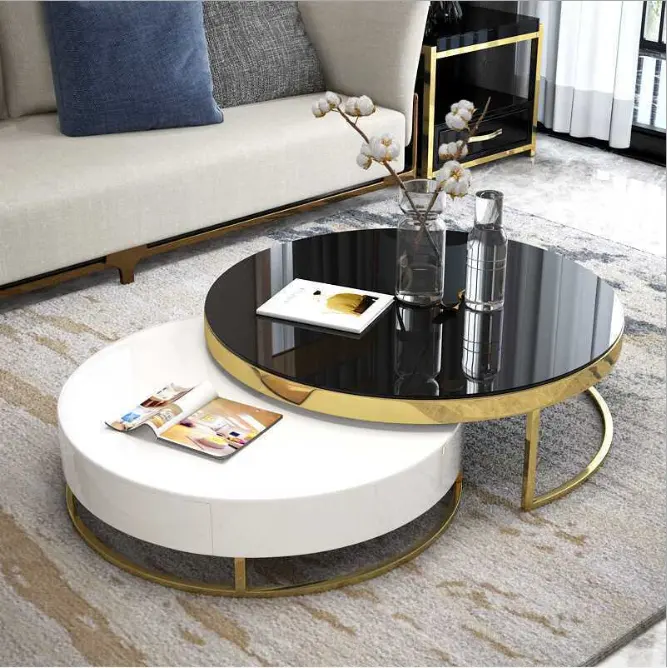 Luxury 2 Pieces Round 1 Drawer Center Table Stainless Steel Base Coffee Table for Living Room
