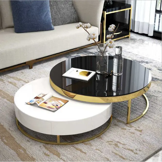 Luxe 2 Stuks Ronde 1 Lade Center Tafel Rvs Base Salontafel Voor Woonkamer