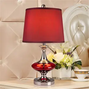 American style romantic red round lampshade and modern energy saving table lamp