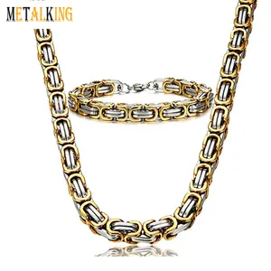 Stainless Steel Byzantine Chain Kalung dan Gelang untuk Pria Emas & Steel Two Tone