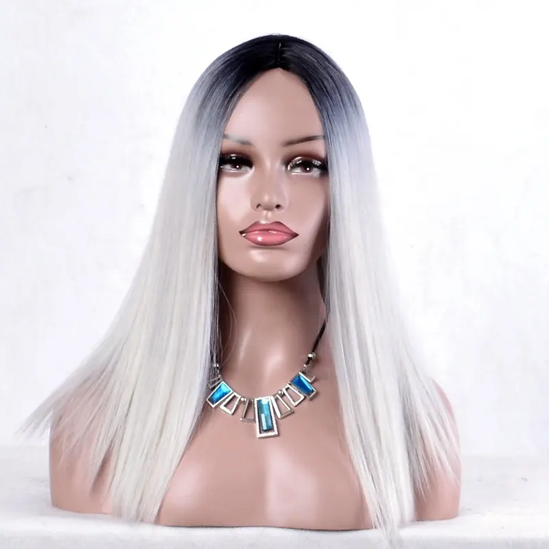 Aishili uzun ipek düz sentetik saç peruk Ombre doğa siyah gümüş gri saç peruk kadınlar için