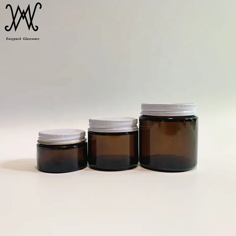 1oz 2oz 4oz 8oz straight sided round amber glass cosmetic cream sample jar with white metal tin lid BPA free