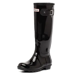 Hotsales New Design Wellington Rain Boots Ladies Black Shiny Half PVC Rain Boots