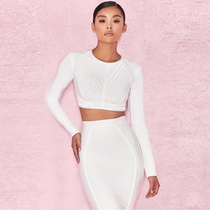 2018 <span class=keywords><strong>moda</strong></span> elegante blanco manga larga de dos piezas delgado vestido del vendaje de partido atractivo para las mujeres - Product Image 6