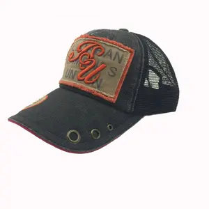 Custom Design Distressed Stone Washed Printed Ripstop Embroidery Patch Applique 5-Panel Mesh Trucker Hat cap with metal eyelets