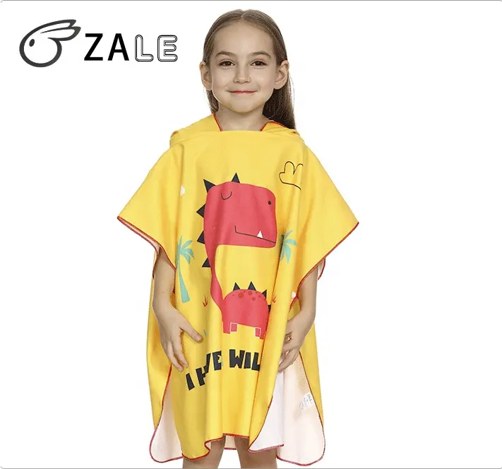 ZALE Hot Sale Microfiber Cartoon Custom Print Baby Bath Towel Kids Dinosaur Bathrobe Kids Poncho Hooded Beach Towel