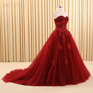 Verdadero RSM66168 encaje de tul encaje hasta los vestidos de novia sin tirantes nupciales vestido de bola de Borgoña - Product Image 1