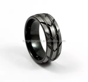 8 미리메터 남성 블랙 텅스텐 웨딩 밴드, 닦았 실버 타이어 트레드 디자인 반지, 무료 사용자 정의 조각