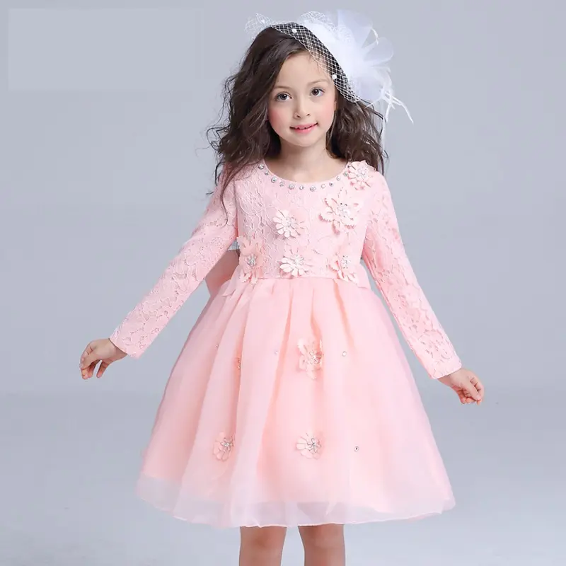 2017 two colors long sleeve dress girls puffy dresses pink kid elegant lace frocks