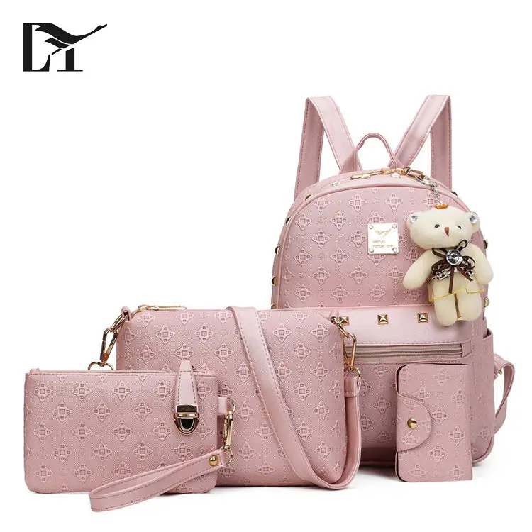 Lingyue BS1018 Wholesale Cheap Price Modern Bag Set Leather Women Pink Backpack