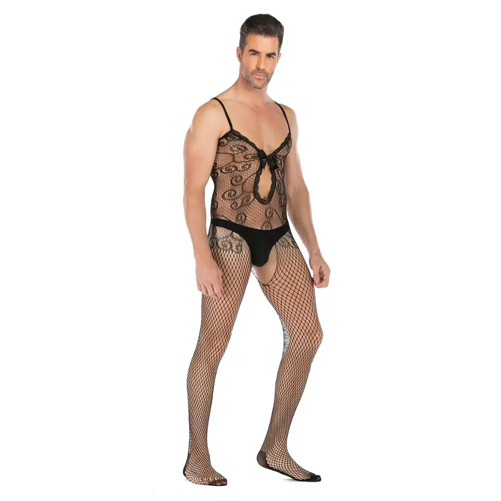 Body Sexy sin mangas con lazo y entrepierna abierta para hombre, Bodystocking