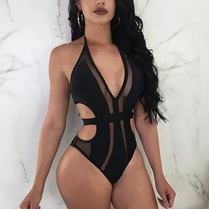 Hollow Out Mesh tek parça mayo mikro şeffaf Bikini tanga Monokini