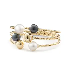 Zooying pulseiras de três fileiras de ouro 18k, pérola branca do mar do sul, pérola cinzenta bracelete de diamante para mulheres