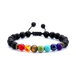 Pulseira com pedra natural para yoga, pulseira masculina/feminina de lava 7 chakras, aromaterapia com difusor de óleo trançado