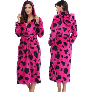 Cow Print Women Hooded Microfiber Flannel Fleece Bathrobe Pajamas Women Women Pajamas Sleepwear