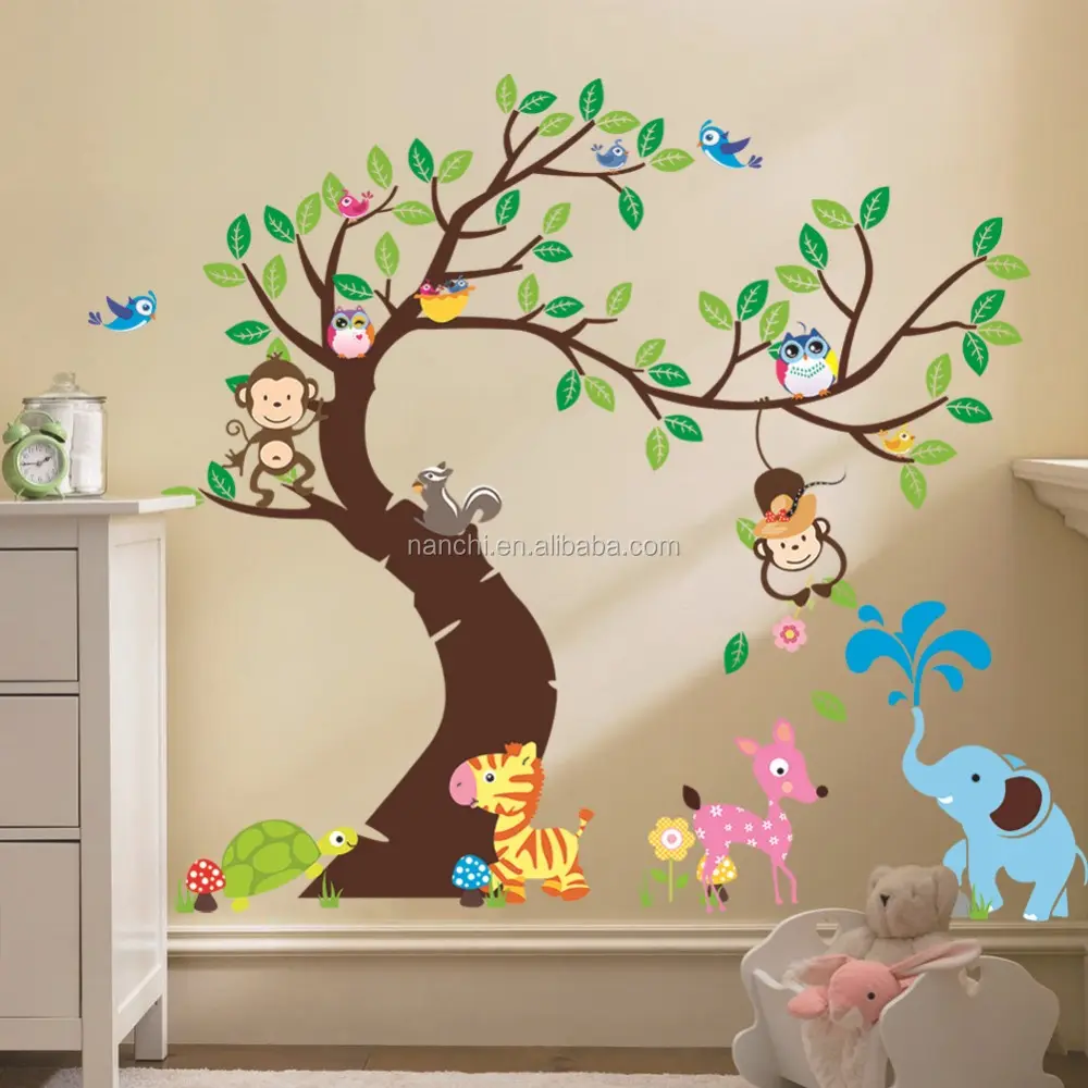 만화 나무 올빼미 원숭이 파라다이스 벽 스티커 거실 어린이 방 보육 홈 장식 벽화 데칼 ZY1214