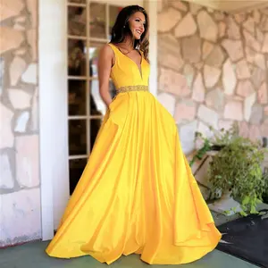 A Line Sexy Bare Back Turkish Yellow Plus Size Evening Dresses For Women