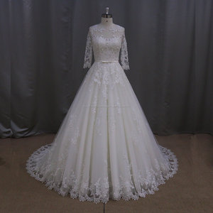 AK003 top qualité Français Dentelle col rond robe avec manches long train de mariage robe de mariage 2016 - Product Image 1
