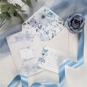 Carte d'invitation de mariage luxueuse en aquarelle bleu <span class=keywords><strong>français</strong></span>, motif floral, avec pochettes en papier vélin - Product Image 3