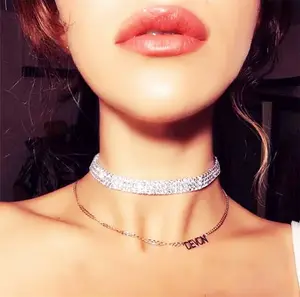 Queena Multilayer Row Clear Rhinestone Silver Choker Collar Necklace