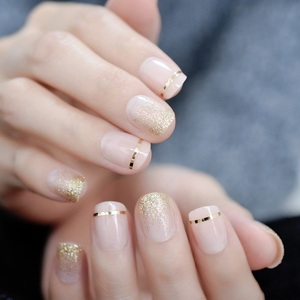 Cubierta de Gel para <span class=keywords><strong>uñas</strong></span> postizas, purpurina dorada, <span class=keywords><strong>Uñas</strong></span> postizas cortas <span class=keywords><strong>con</strong></span> lengüetas adhesivas, perfectas para uso diario - Product Image 3