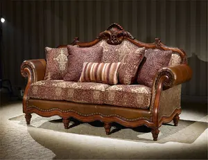 YC2007 Best Antique living room furniture classic leather sofa with wood carving