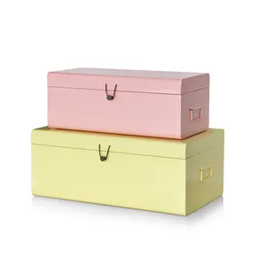 Set of 2 Home Decoration Storage Box Metal Trunk with Leather Accessories