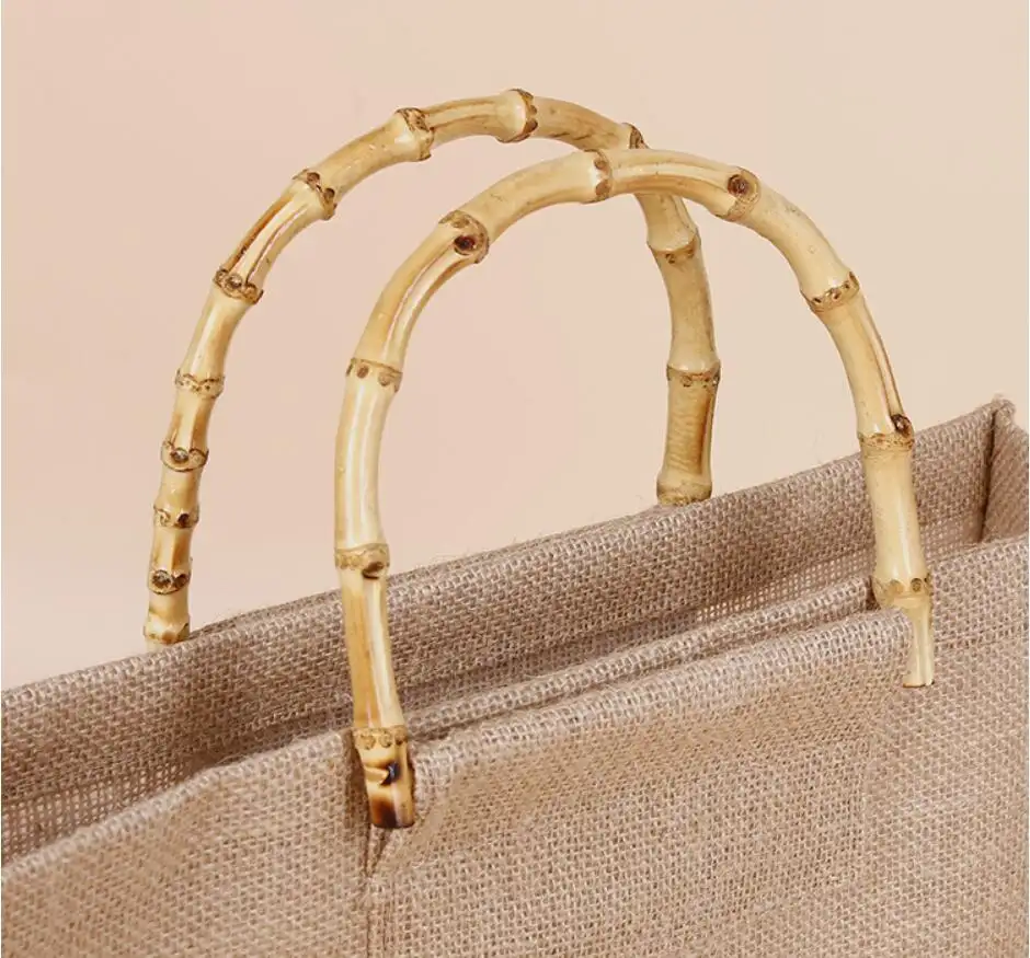 頑丈な再利用可能な天然ジュートショッピングバッグ、ゴールド木製竹ハンドル付き