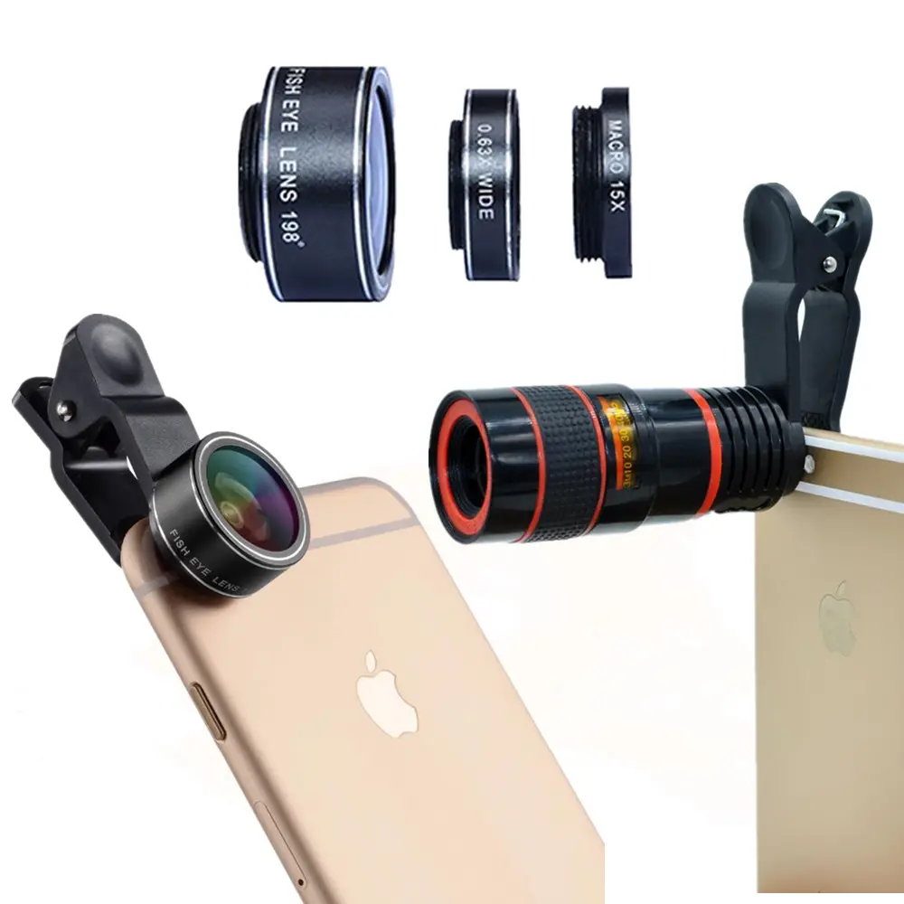 Universal 4 in 1 Clip Lens with 0.63 Wide Angle +15x Macro +198 degree Fisheye +8x Telephoto Lens