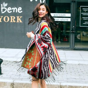 Venta caliente de las mujeres de gran tamaño caliente tribal azteca geométrica poncho de invierno abrigos