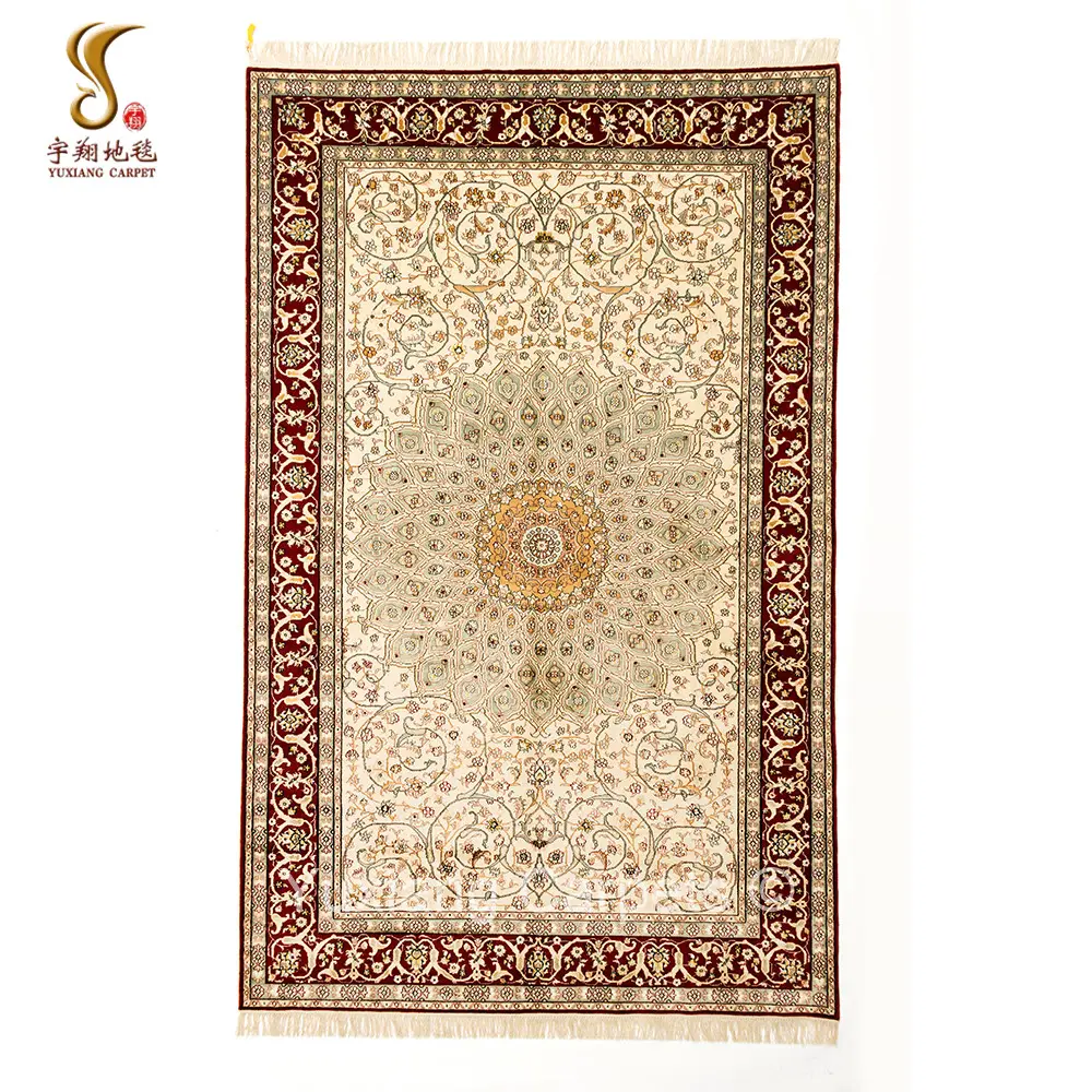 Yuxiang Karpet Persia, Karpet Buatan Tangan Desain Medali Krem Besar 5X8 Kaki