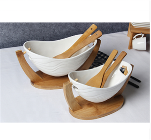 Thổ Nhĩ Kỳ Hình Bầu Dục Thuyền Hình Dạng Lượn Sóng Dòng Màu Trắng Gốm Bát Salad Với Đứng Và Muỗng - Product Image 3