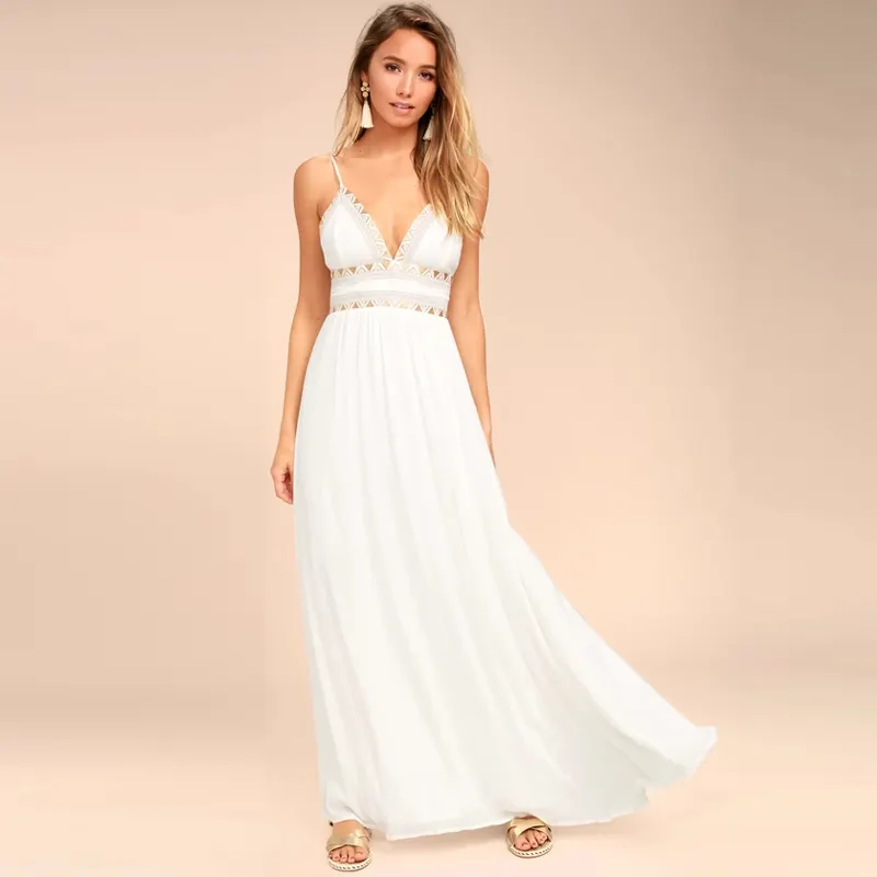 Lancai 의류 공장 디자이너 사용자 정의 여성 흰색 등이없는 캐주얼 드레스 섹시한 민소매 우아한 맥시 생일 원피스