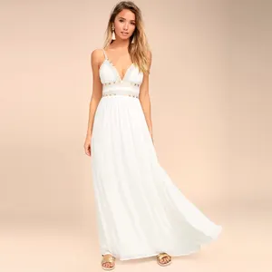 Lancai pakaian pabrik desainer kustom wanita gaun kasual punggung terbuka putih gaun ulang tahun Maxi elegan tanpa lengan seksi