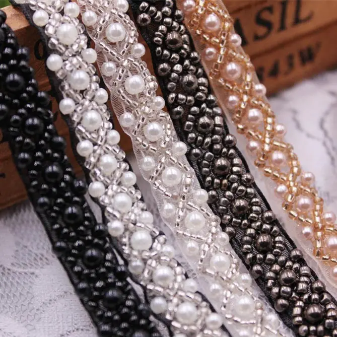 Strass ricamati con perline di perle Applique rifiniture in nastro di pizzo intrecciato per abito da sposa S491