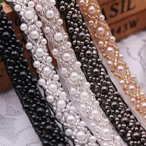 Mutiara manik-manik bordir berlian imitasi Applique dikepang renda pita Trim untuk gaun pernikahan S491