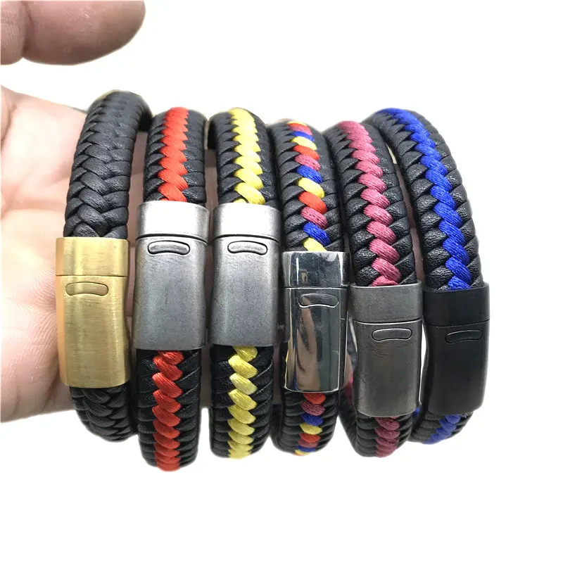 Bracciale uomo all'ingrosso in acciaio inox personalità intrecciato in pelle con chiusura magnetica QXSZ012