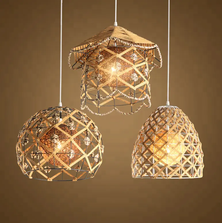 New design Asia style led rattan chandelier light fitting indoor home modern hemp rope metal pendant lighting