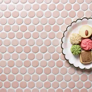 Foshan Nordic Kitchen Bathroom 28mm Penny Type Pink Backsplash Kiln Glazed Glossy Ceramic Wall Circular Round Mosaic Tile