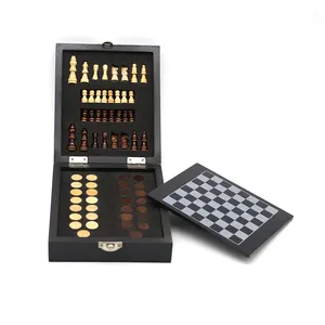 High quality luxurious wooden case chess game checkers and draughts set 2 in 1 chess game