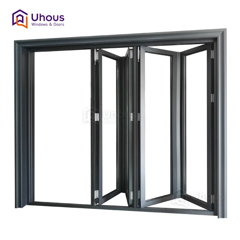 Nuevos productos para exteriores, veranda de aluminio de estilo chino, puertas plegables de acordeón de doble acristalamiento, superficie de vidrio acabada impermeable