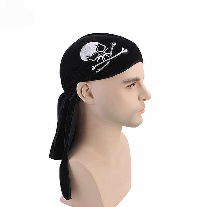 Bandana durag para homens e mulheres, chapéu de turbante de veludo simples  com cauda longa, chapéu tipo pirata