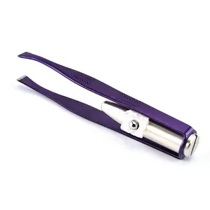 Private Label Stainless Steel Precise Purple Make Up Spotlight LED Light Eyelash Eyebrow Nose Lip Hair Shaping Removal Tweezers