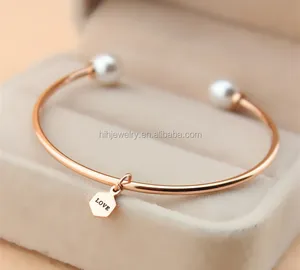 Custom Shell Pearl Stainless Steel Wire Cuff Bangle Bracelet Engraving Adjustable With Charm