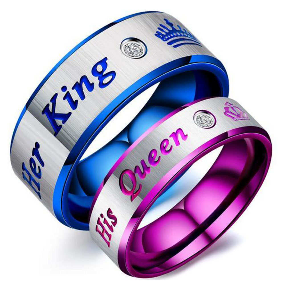 Nuevas llegadas de Día de San Valentín de acero inoxidable anillos de pareja su rey su Reina promesa anillo con piedras