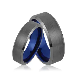 Gunmetal และแหวนทังสเตนคาร์ไบด์สีน้ำเงินแหวนเปล่าของผู้ชายผู้หญิง