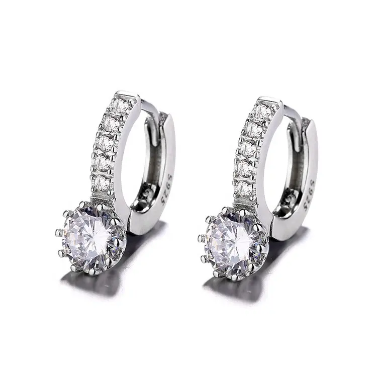 Solid 925 Sterling Silver White Paved Crystal Hoop Earrings For Women Jewelry